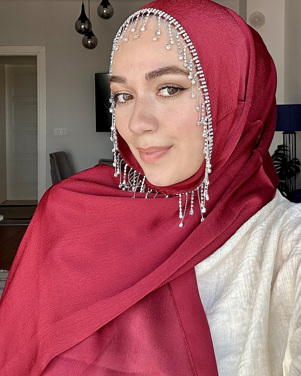 H001 Damla Kristal Çerçeveli Şifon Şal - Bordo - görünüm 1