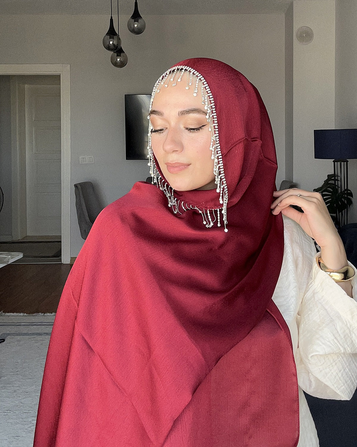 H001 Damla Kristal Çerçeveli Şifon Şal - Bordo - görünüm 2
