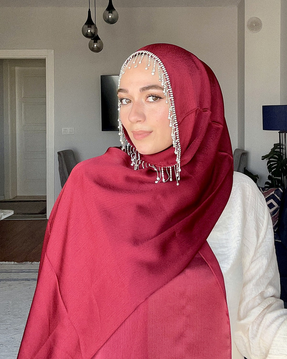 H001 Damla Kristal Çerçeveli Şifon Şal - Bordo - görünüm 3