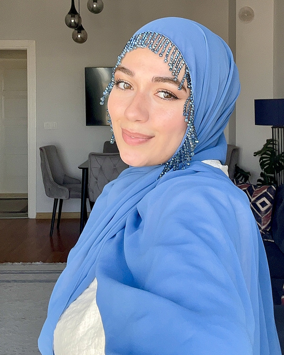 H002 Kristal Perde Detaylı Şifon Şal - Mavi - görünüm 1