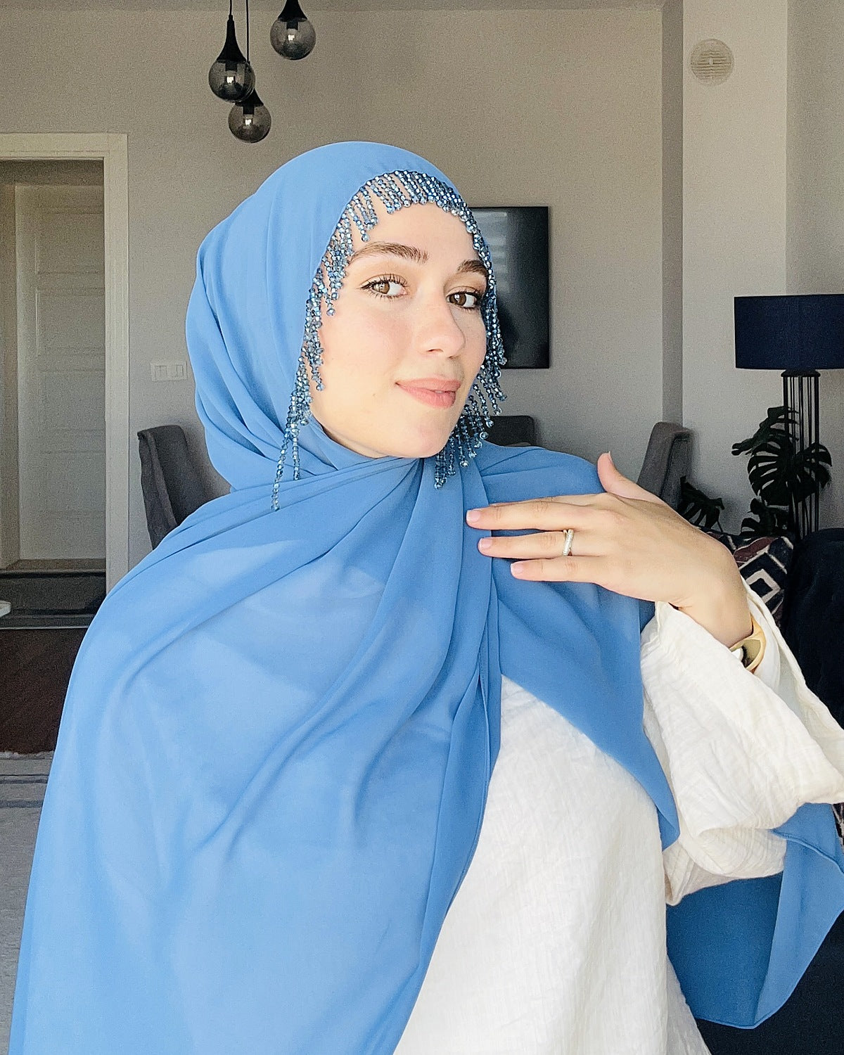H002 Kristal Perde Detaylı Şifon Şal - Mavi - görünüm 2