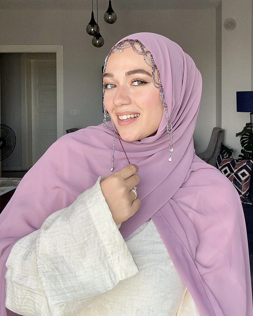 H004 Zincir Damla Detaylı Şifon Şal - Lila - görünüm 2