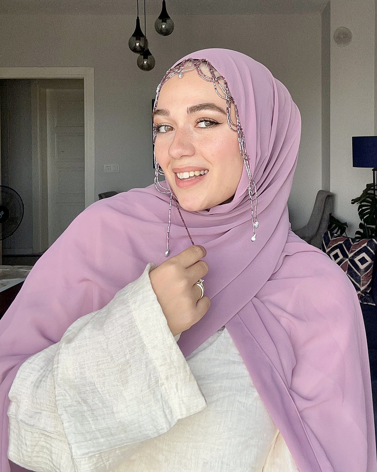 H004 Zincir Damla Detaylı Şifon Şal - Lila - görünüm 2