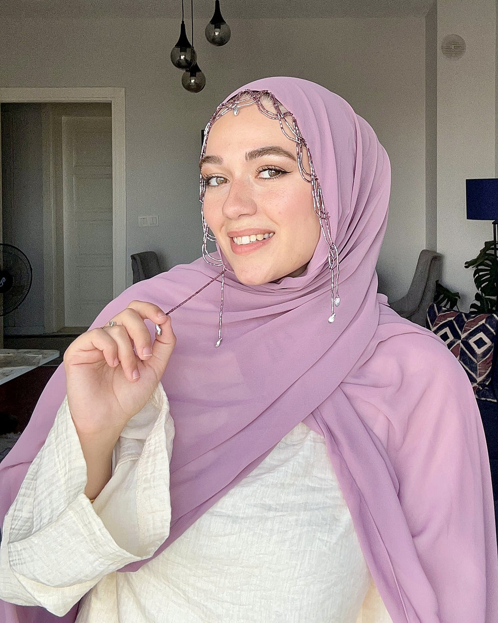 H004 Zincir Damla Detaylı Şifon Şal - Lila - görünüm 3