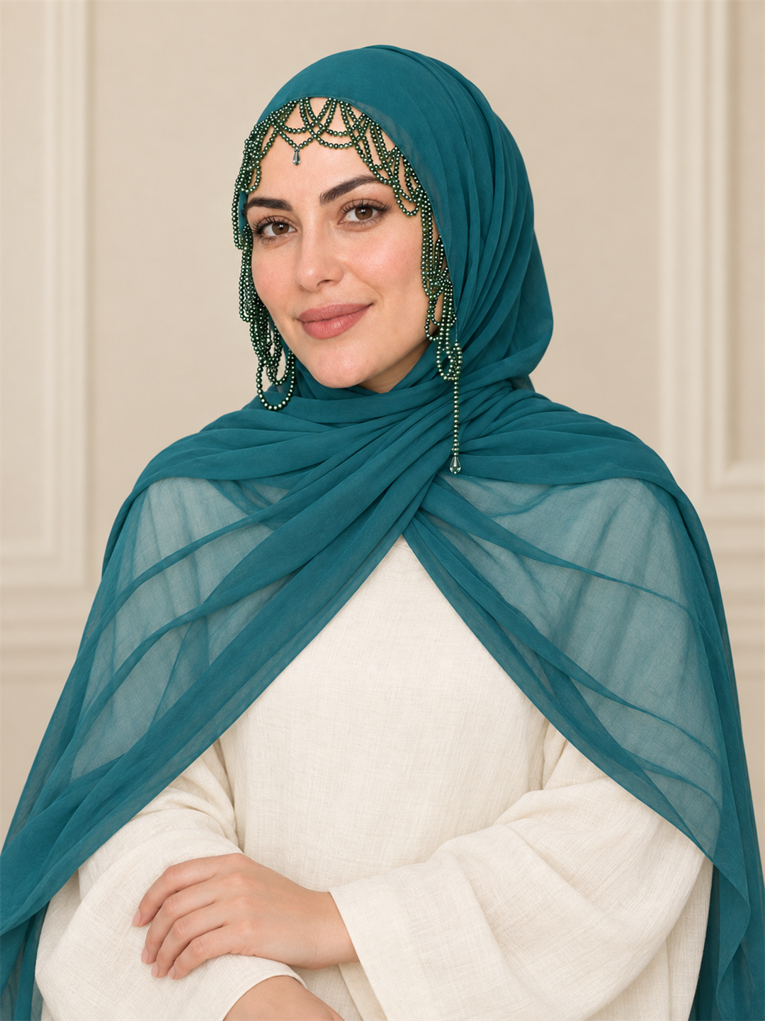 Damla Model Kristal Kırma Taş Sık Zincir İşlemeli Şal - Görsel 3