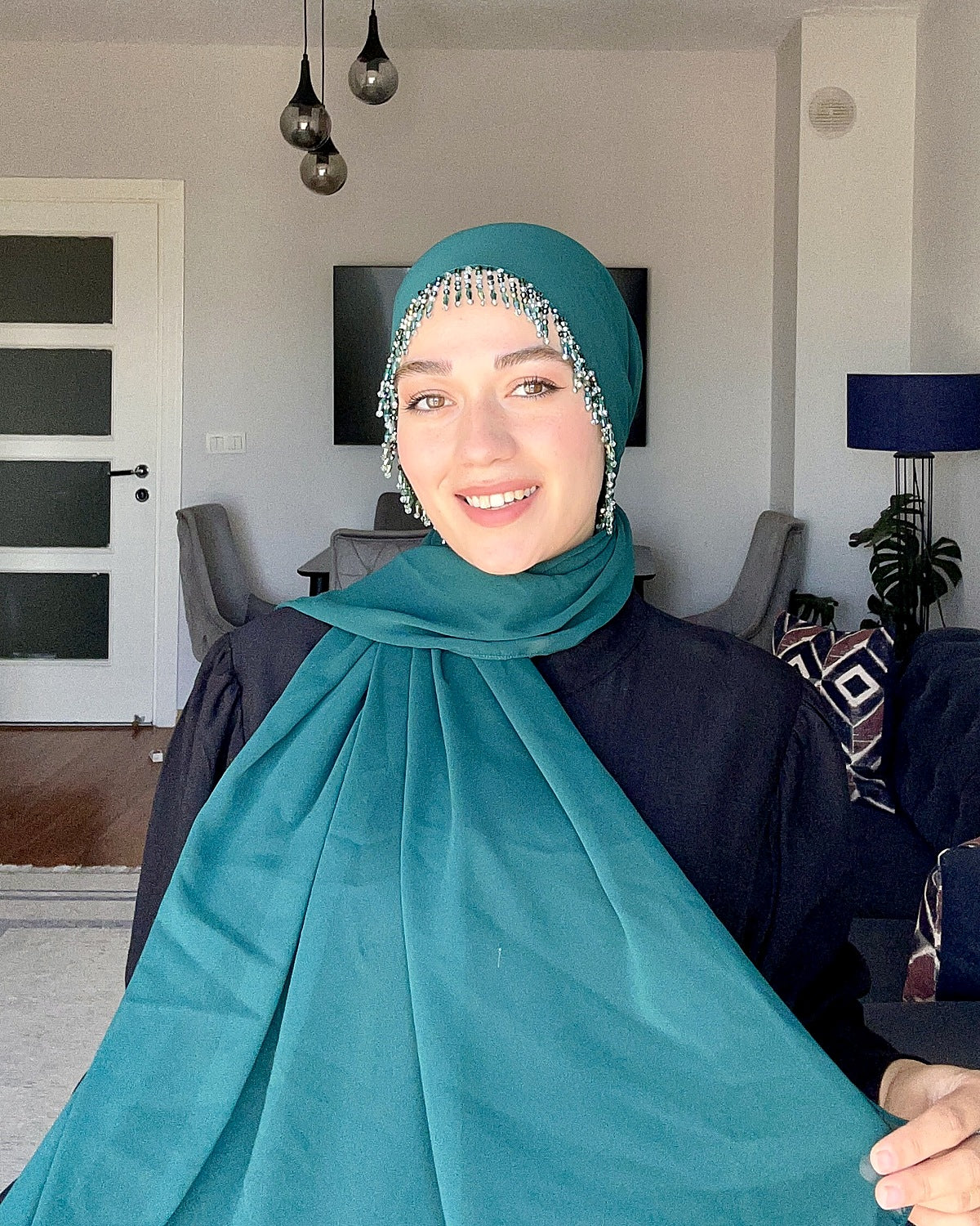 H007 Kristal Damla Saçaklı Şifon Şal - Petrol Yeşili - görünüm 1