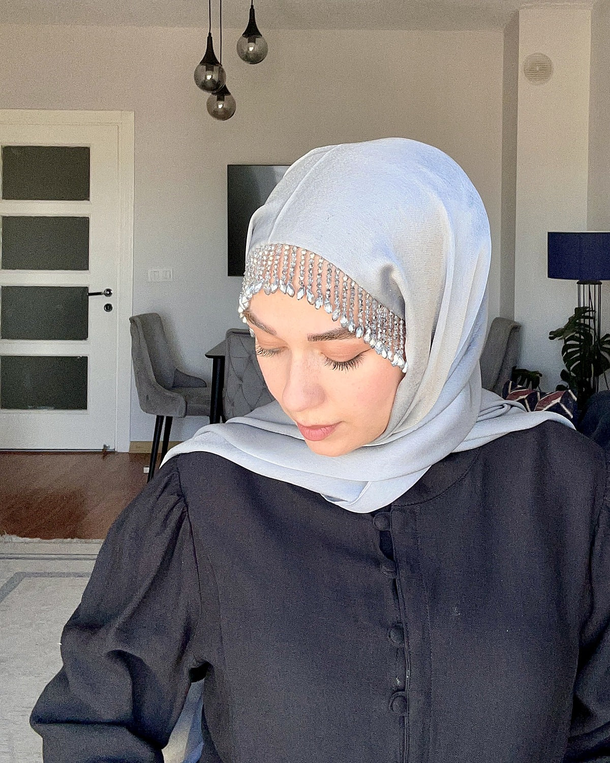 H009 Kristal Örgü Detaylı Şifon Şal - Buz Mavisi - görünüm 1