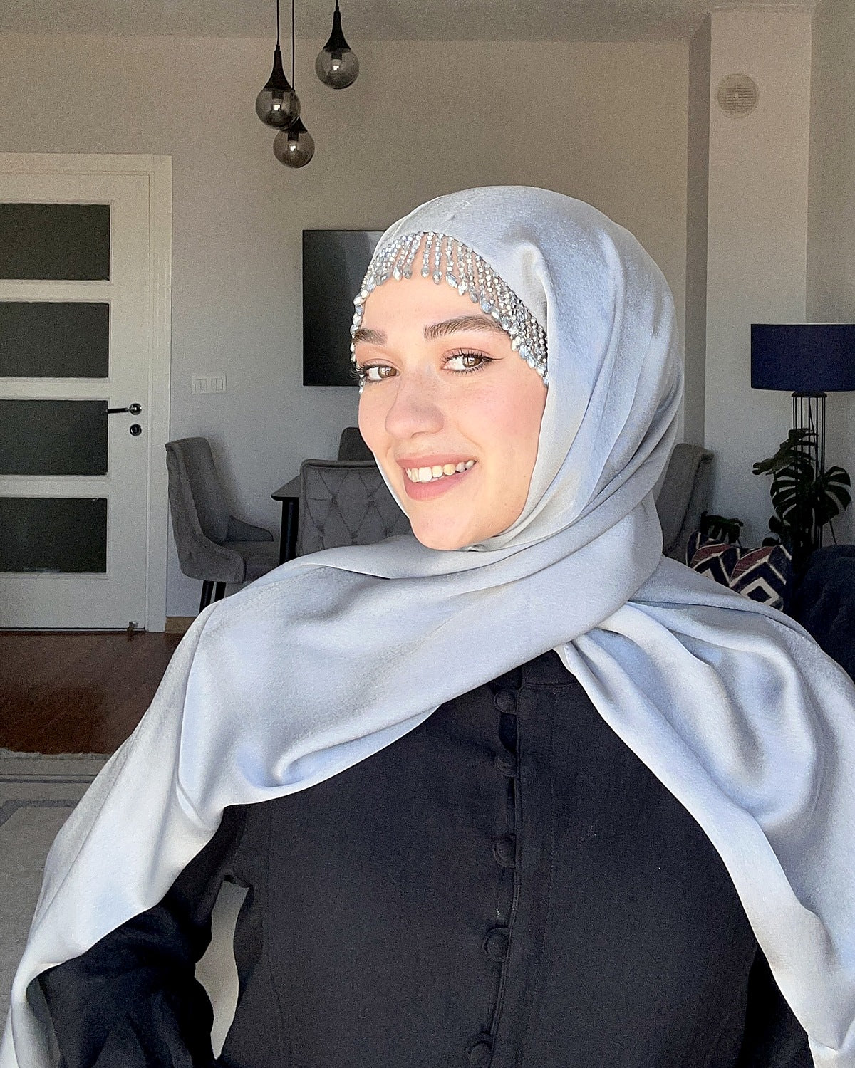 H009 Kristal Örgü Detaylı Şifon Şal - Buz Mavisi - görünüm 2