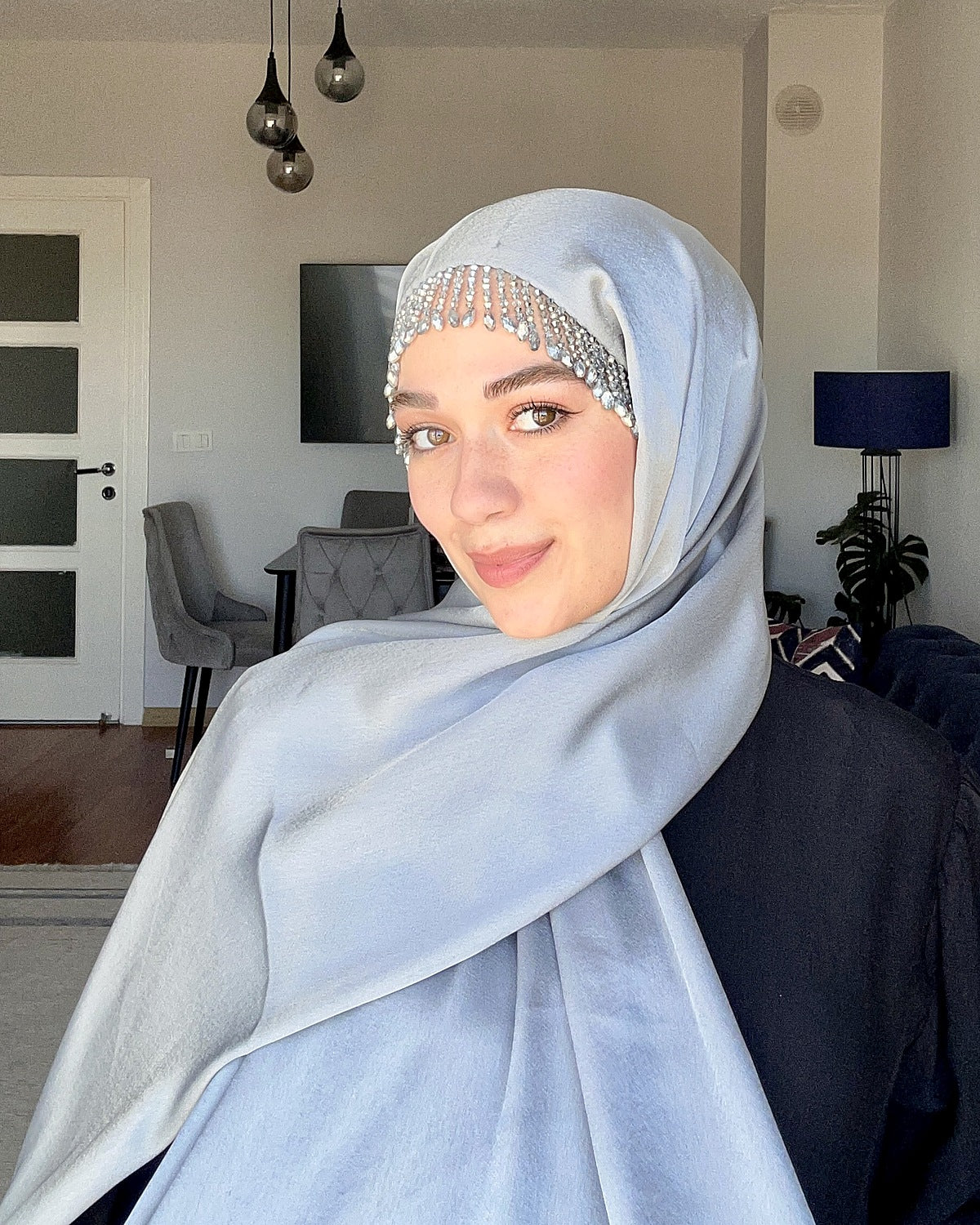 H009 Kristal Örgü Detaylı Şifon Şal - Buz Mavisi - görünüm 3