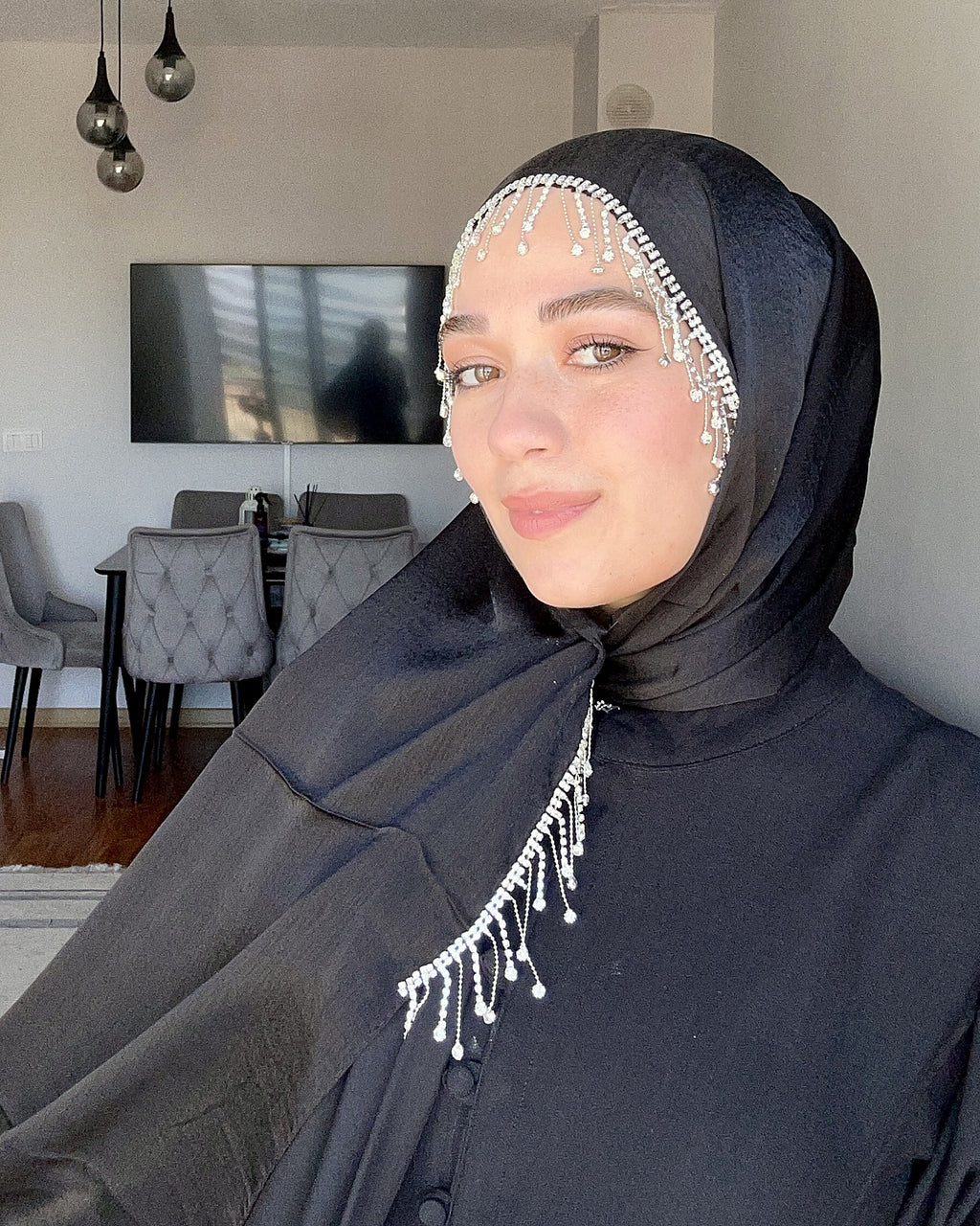 H010 Kristal Şelale Detaylı Şifon Şal - Siyah - görünüm 2