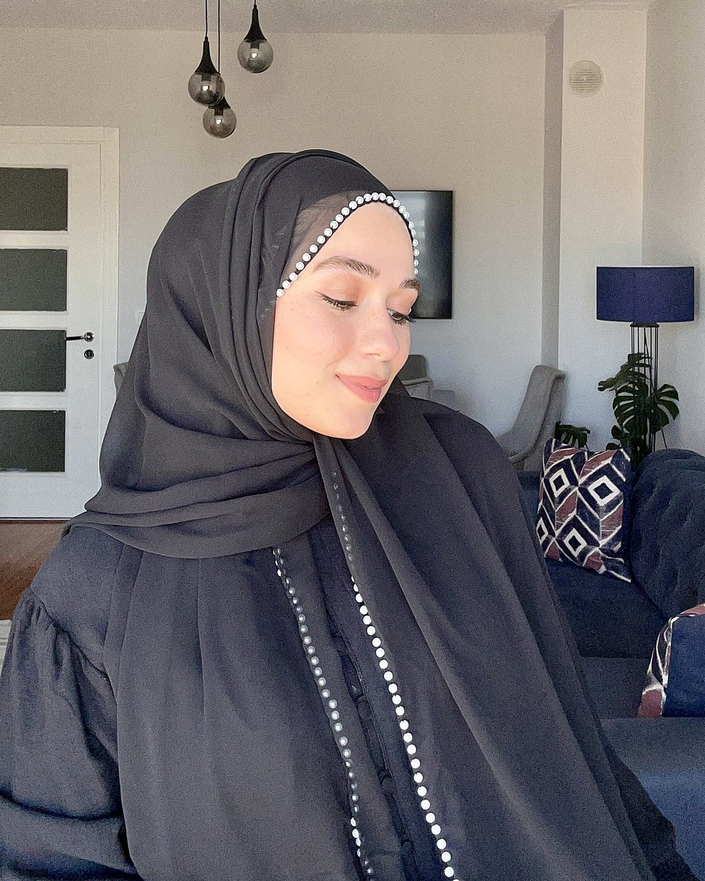 H012 İnci Çerçeveli Şifon Şal - Siyah - görünüm 2