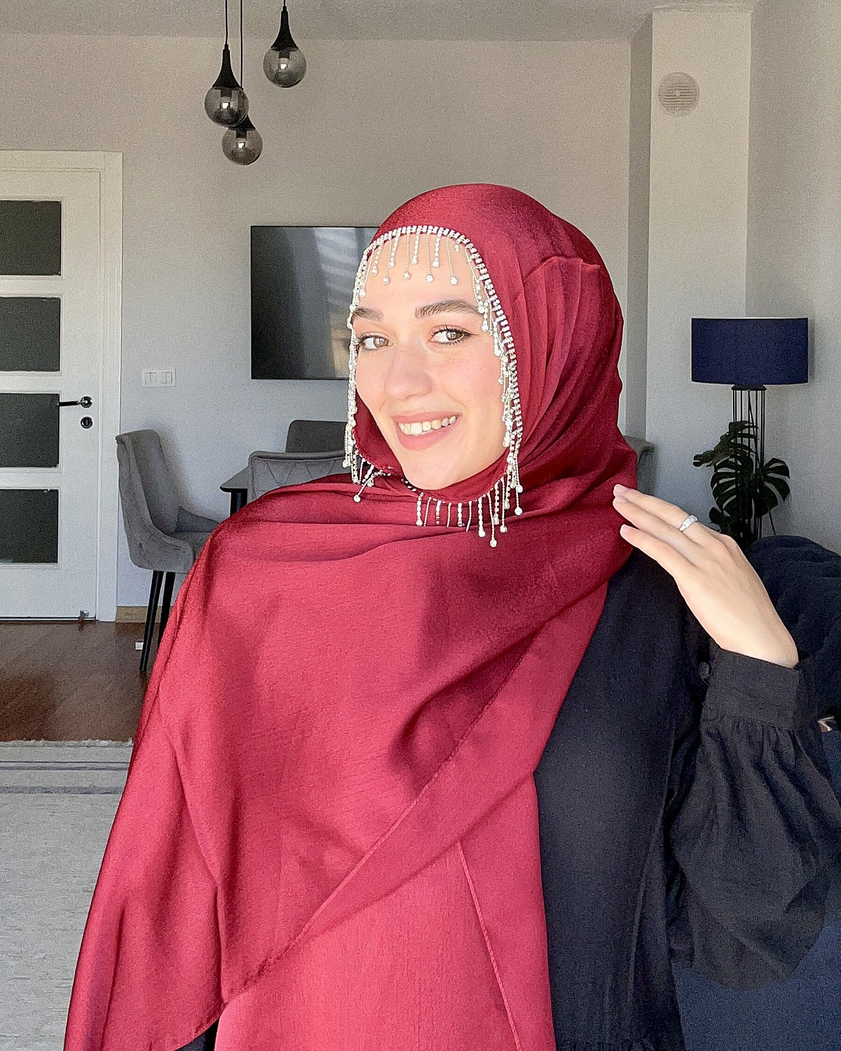 H013 İnci Sıra Detaylı Şifon Şal - Bordo - görünüm 1