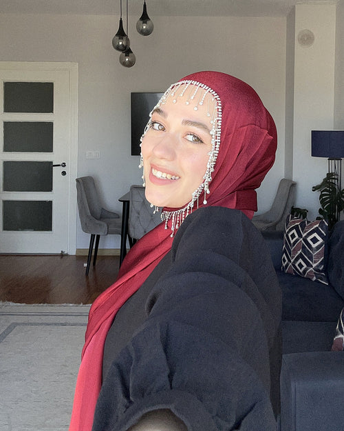 H013 İnci Sıra Detaylı Şifon Şal - Bordo - görünüm 2