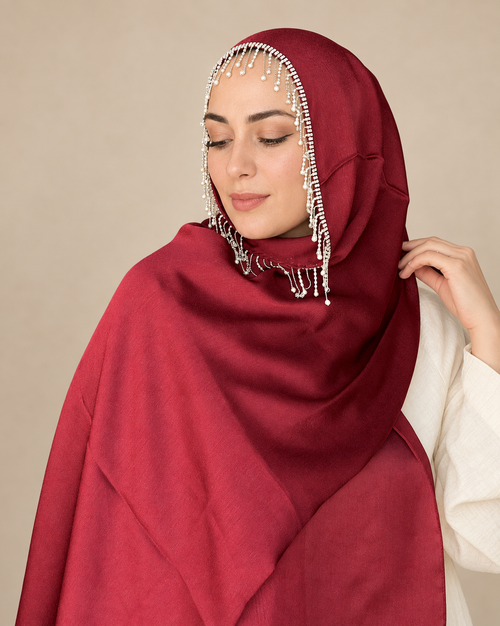 H001 Damla Kristal Çerçeveli Şifon Şal - Bordo - görünüm 2