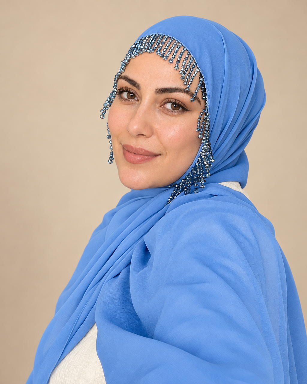 H002 Kristal Perde Detaylı Şifon Şal - Mavi - görünüm 1
