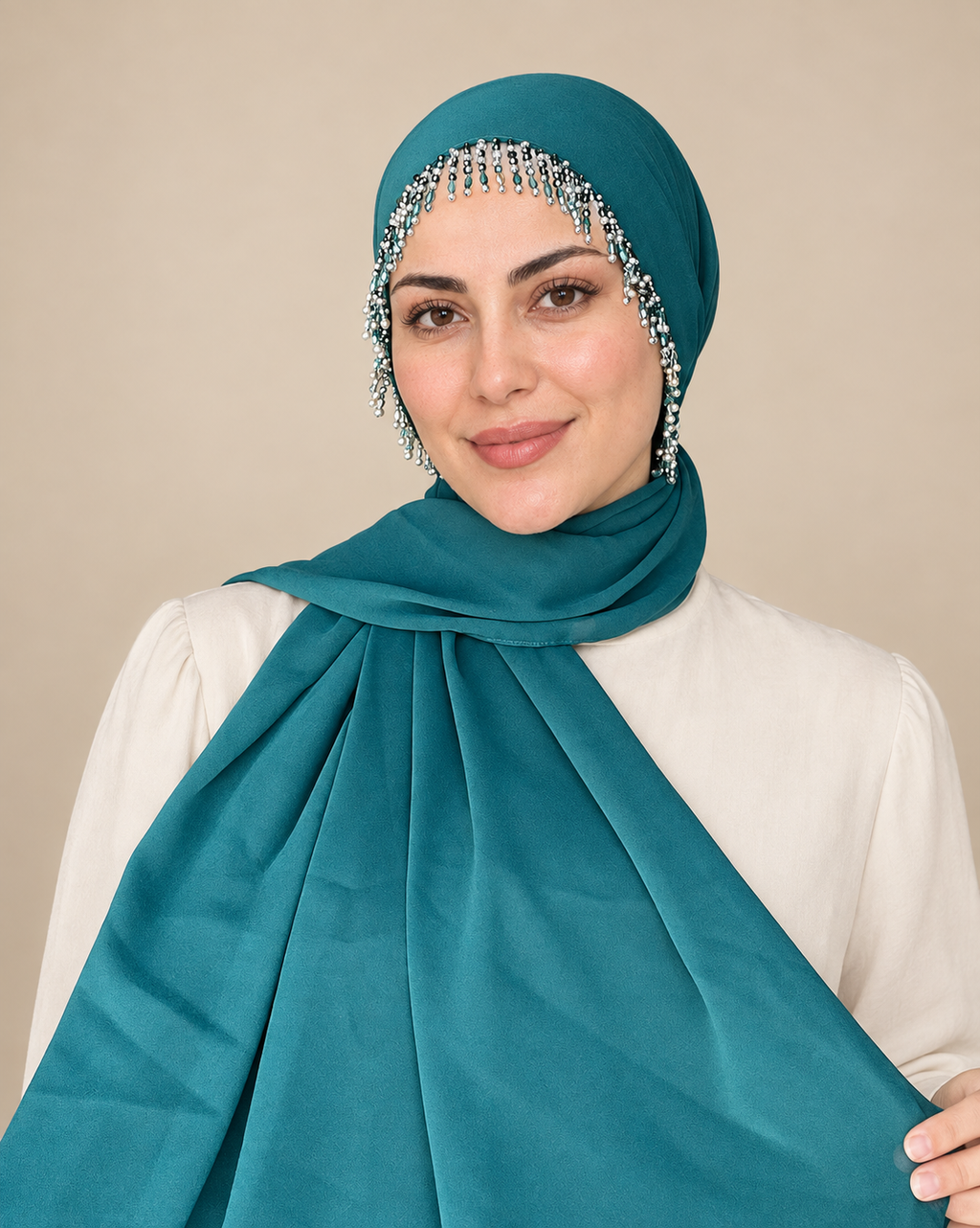 H007 Kristal Damla Saçaklı Şifon Şal - Petrol Yeşili - görünüm 1