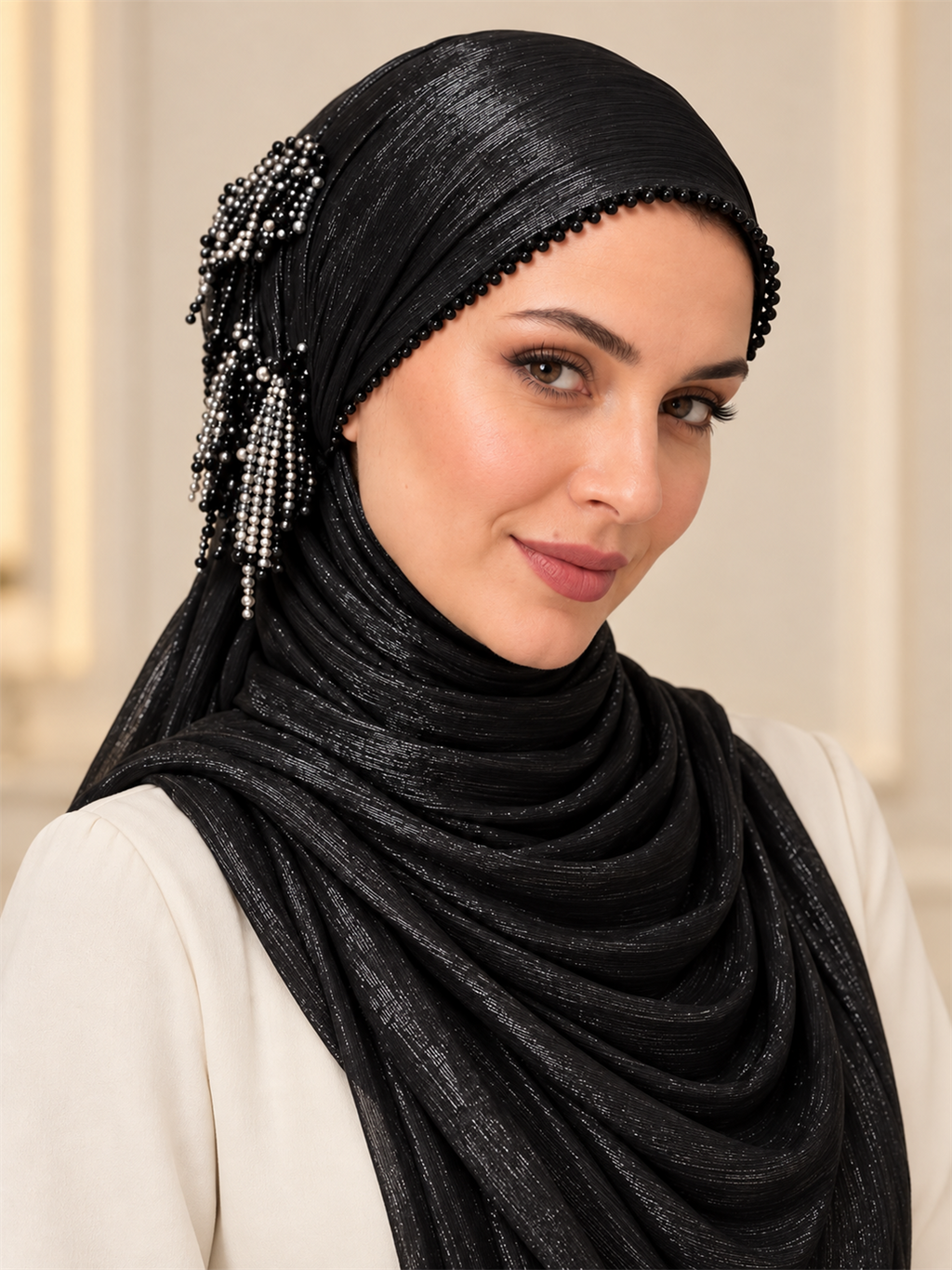 Kristal Taş İşlemeli Drape Detaylı İğne Oyalı Özel Tasarım Şal – HÜLAYŞA ürün görseli 1