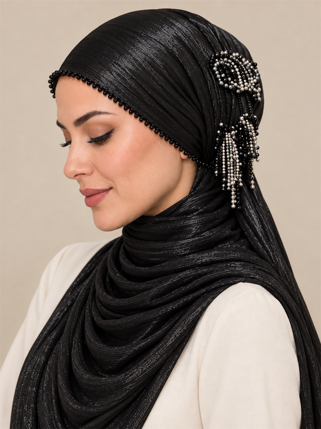 Kristal Taş İşlemeli Drape Detaylı İğne Oyalı Özel Tasarım Şal – HÜLAYŞA ürün görseli 2