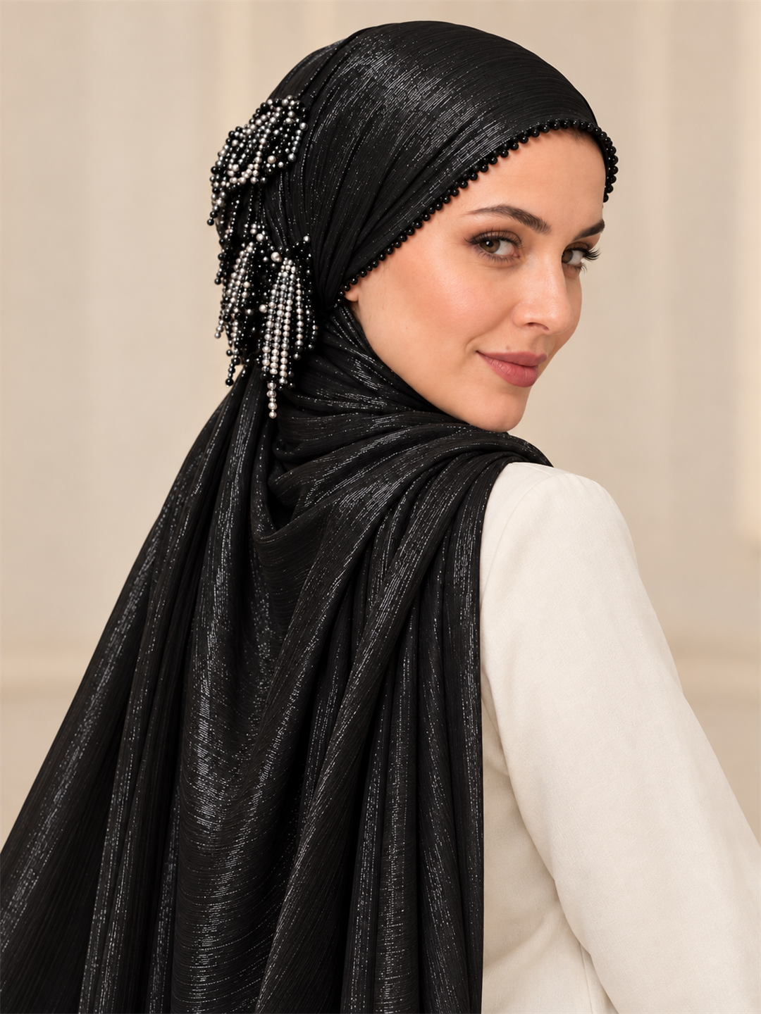 Kristal Taş İşlemeli Drape Detaylı İğne Oyalı Özel Tasarım Şal – HÜLAYŞA ürün görseli 3