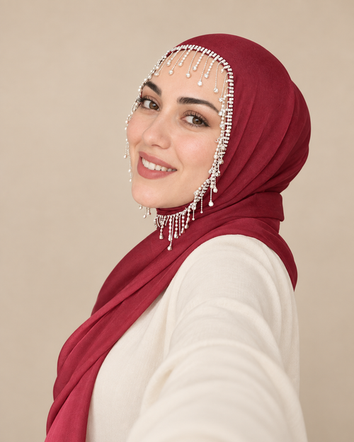 H013 İnci Sıra Detaylı Şifon Şal - Bordo - görünüm 2