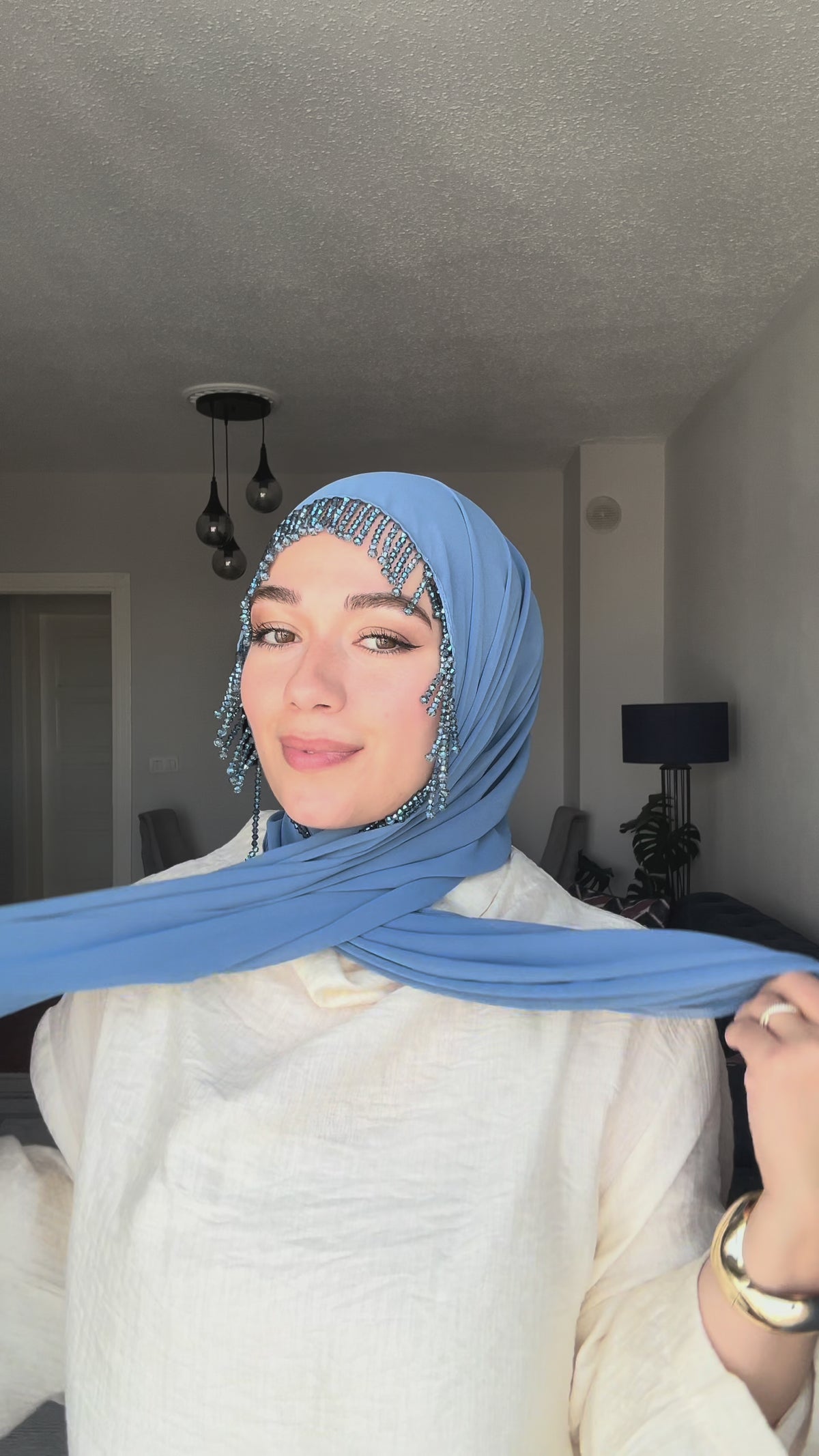 H004 Kristal Kırma Taşlı Sarkaç Küpe Detaylı Şal - Ürün Videosu