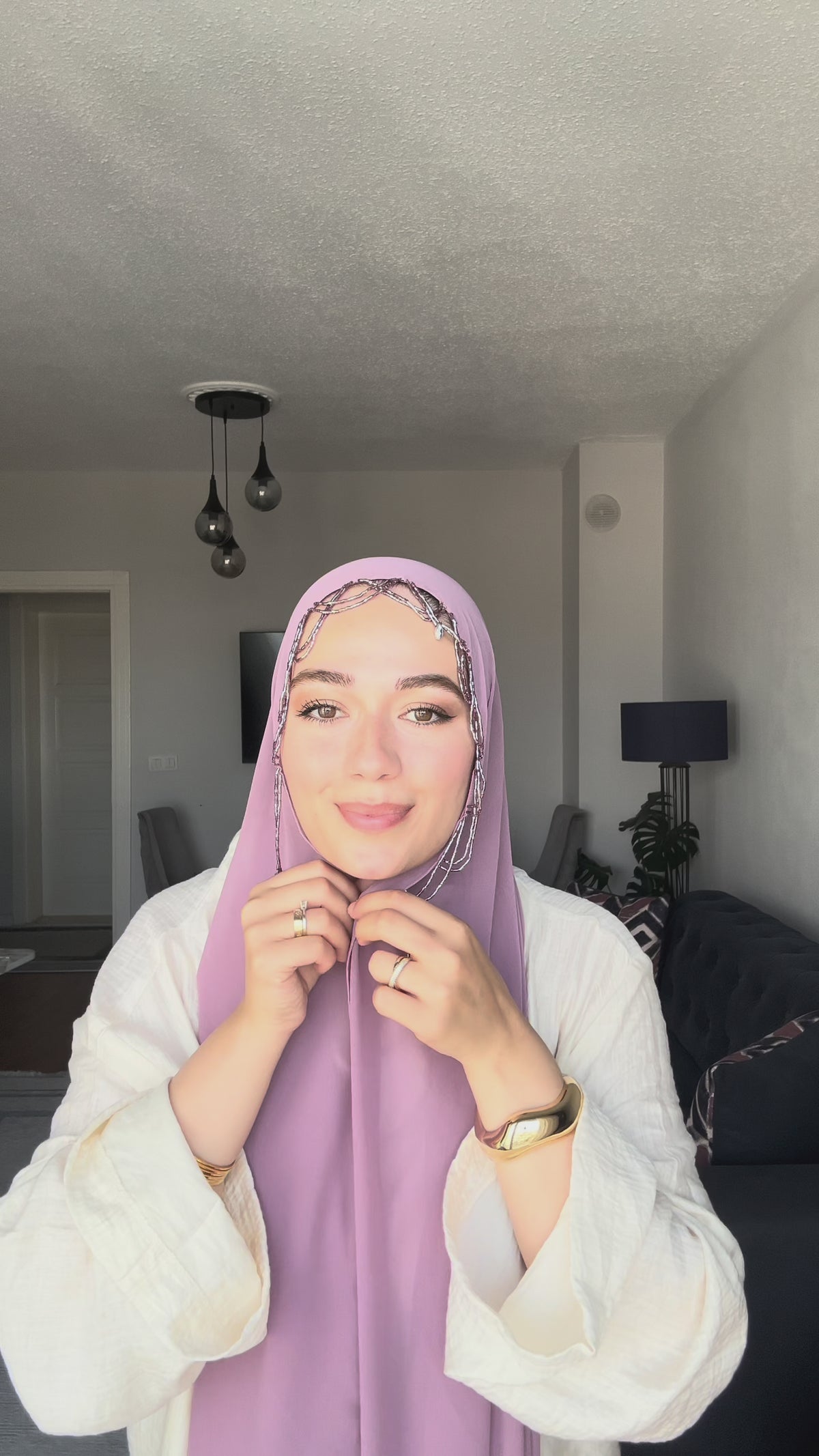 H004 Zincir Damla Detaylı Şifon Şal - Lila - video 4